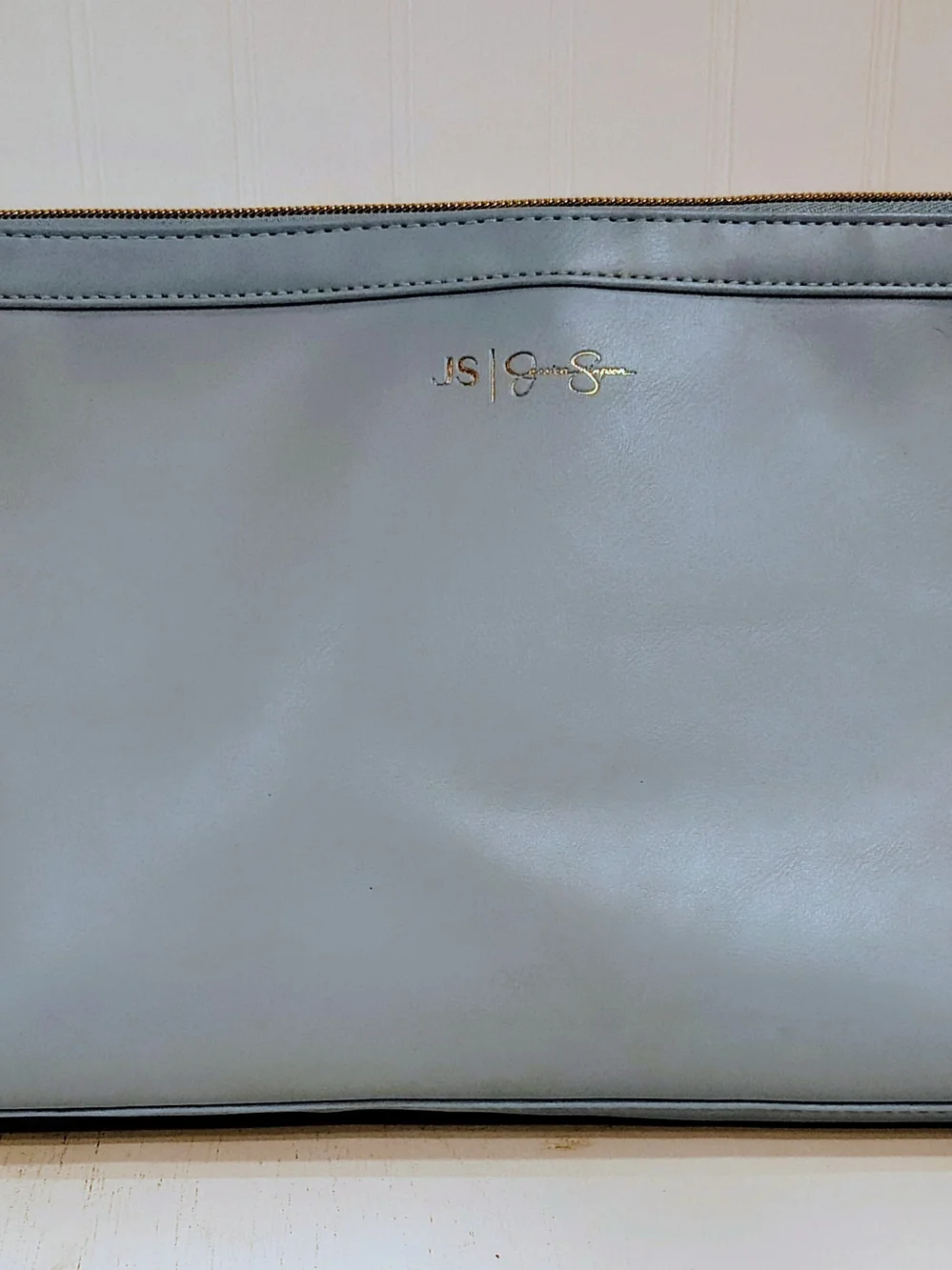 Jessica Simpson Large Pale Blue Leather Wristlet Case with Gold Logo